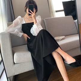 长袖黑色欧根纱连衣裙女新款春秋拼接方领法式裙子复古网纱裙涤纶