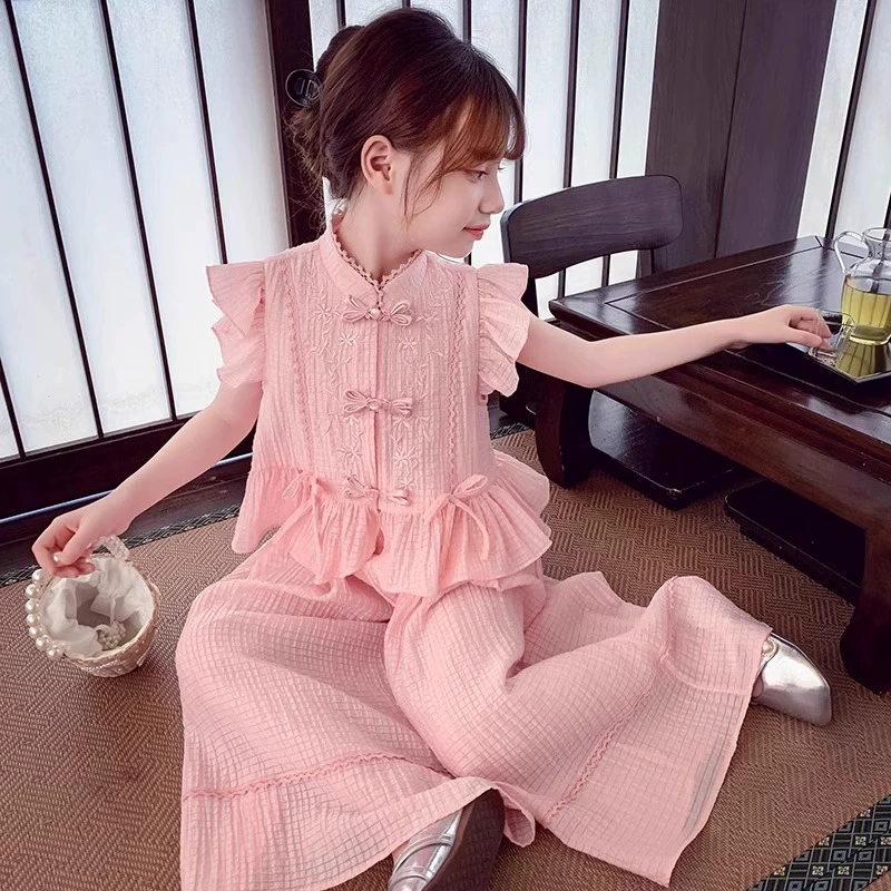 Летний костюм для девочек в китайском стиле династии Хань, новый шинуазри, безрукавный двухкомпонентный комплект, новинка 2025 года, одежда для выступлений, летняя одежда
