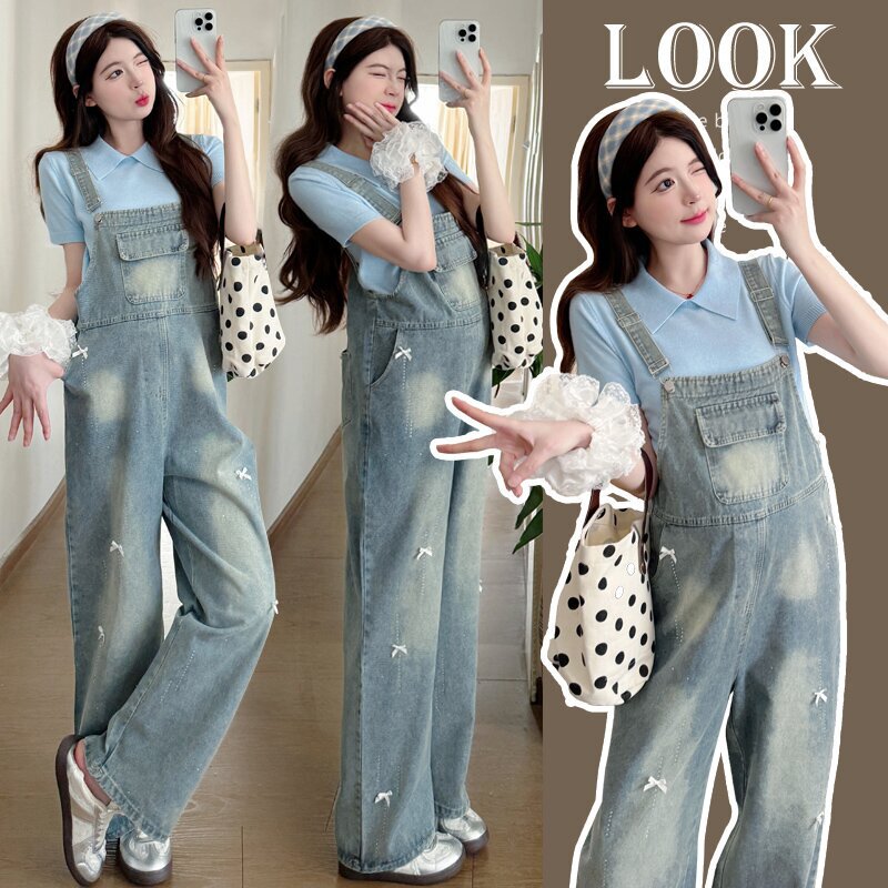 Maternity Summer Dress Heavy Industry Hot Drilling Bow Denim Strappy Pants Blue Short-sleeved Lape Top Two-piece Suit