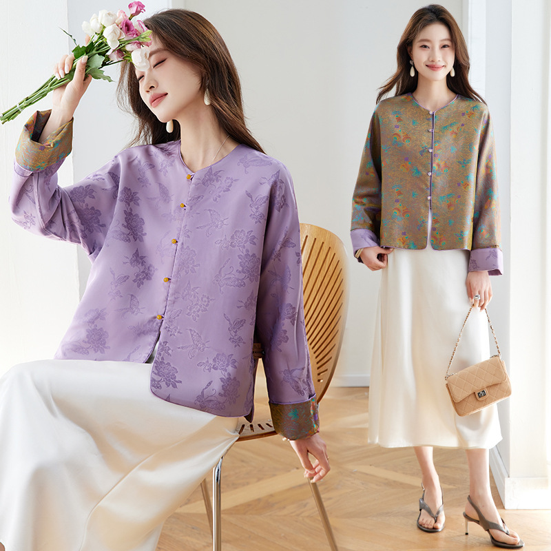 2026 Spring Luxury Women's Clothing Gold Jacquard Jacket New Chinese Style Retro Jacquard Stand Collar with Button Contrast Colors 2026 Spring Luxury Women's Clothing Gold Jacquard Jacket New Chinese Style Retro Jacquard Stand Collar with Button Contrast Colors