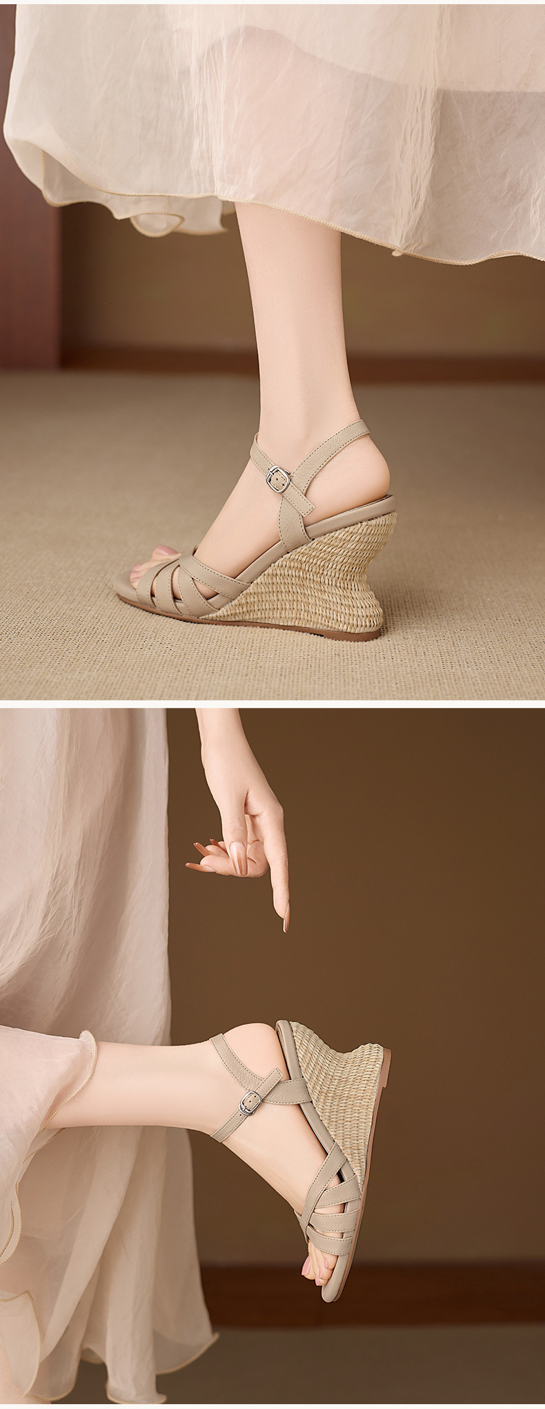 Sandal cao gót nữ hở mũi quai ngang đế xuồng bện cỏ — màu trắng ngà, màu mơ chi tiết 5