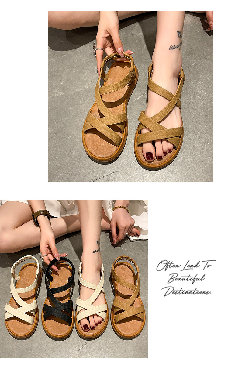 Sandali per il commercio estero da donna 2023 Summer New Roman Fashion Cross Strap cinturino elastico fondo piatto sandali da donna con fondo morbido_voghion.com