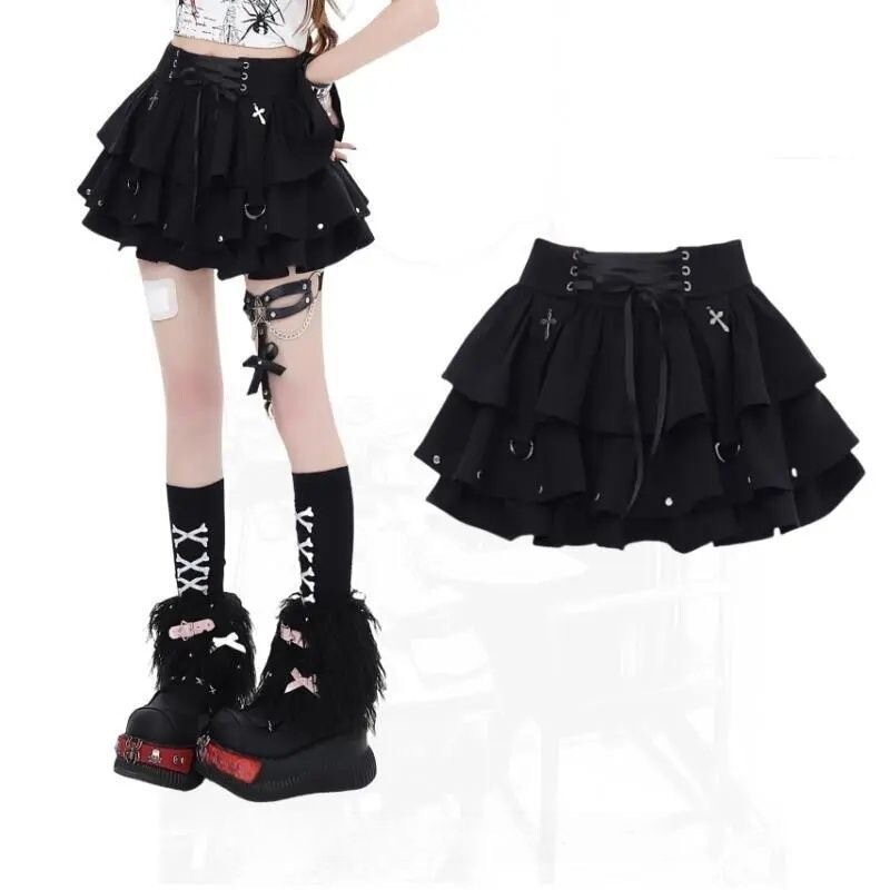 Hot Girl Black Strappy Fluffy Cake Punk Skirt Women's New Design Original High-Waisted Half Skirt Hot Girl Black Strappy Fluffy Cake Punk Skirt Women's New Design Original High-Waisted Half Skirt