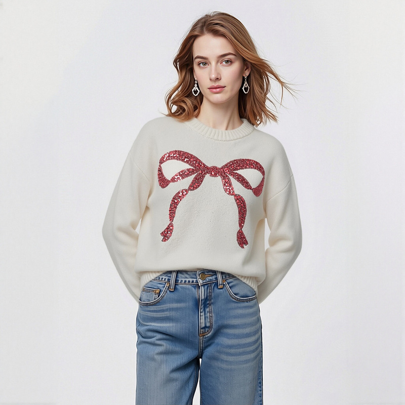 Amazon 2026 new white crew-neck autumn and winter knit sweater with sweet sequin bow embroidery, a Christmas sweater Amazon 2026 new white crew-neck autumn and winter knit sweater with sweet sequin bow embroidery, a Christmas sweater