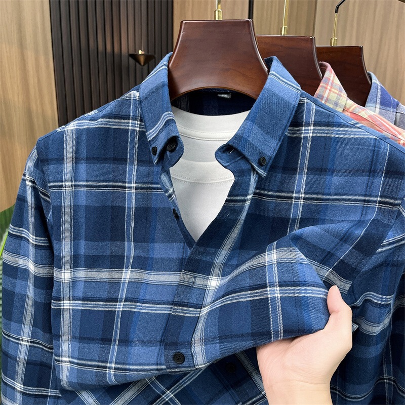 100% pure cotton plaid long-sleeve shirt for men, casual loose fit, new spring and autumn style, comfortable and breathable shirt top