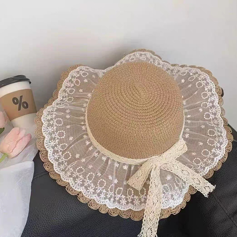 中空ラフィア帽子女性の夏フレンチスタイル中空大きなつば日焼け防止帽子海辺の写真休暇ビーチ帽子|undefined