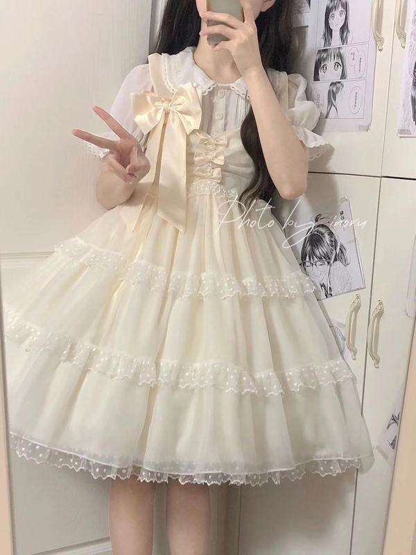 女子学生向けサマースーツ ベビードールカラーシャツ+かわいいリボン白メッシュサスペンダースカート 2点セット/単品|undefined
