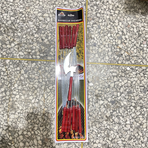Stainless steel wooden handle barbecue tools 12pcs multi-purpose needle mutton kebab barbecue skewers wholesale