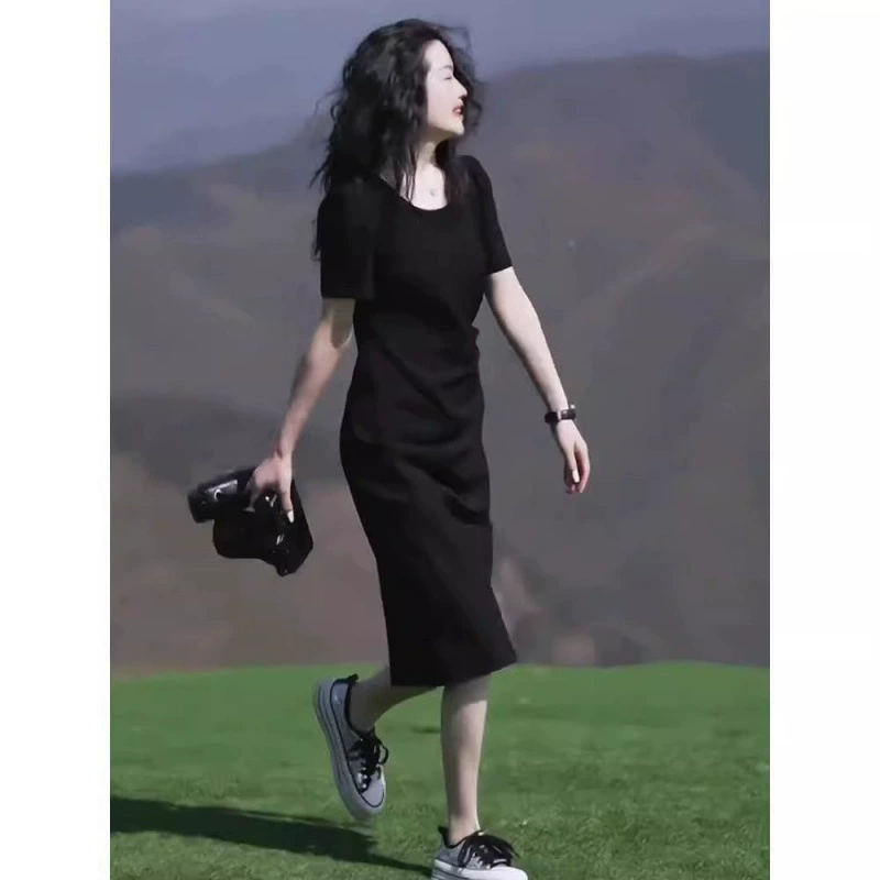 Черное платье, летнее платье Хепберн, тонкое платье с разрезом, новый стиль, утягивающая талию, французская длинная юбка, маленькое черное платье