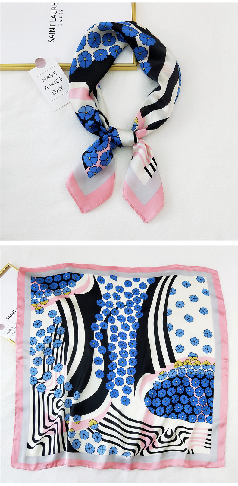 50g Weight Silk Scarf Classification Travel Occasion Silk Material Unisex Gender Printing Design Sweet Style Khaki, Grey, Purple, Red, Green, Blue, Camel, Yellow, Black Color Korean Printing Silk Square Scarf Wholesale 5