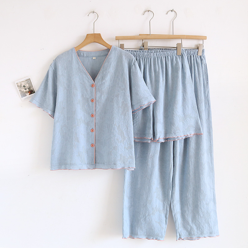 Casual Blue Pajamas for Women, Spring, Summer and Autumn Short-Sleeved Three-Piece Set, Pure Cotton Thin Home Clothes, Simple and Comfortable Outer Wear Casual Blue Pajamas for Women, Spring, Summer and Autumn Short-Sleeved Three-Piece Set, Pure Cotton Thin Home Clothes, Simple and Comfortable Outer Wear