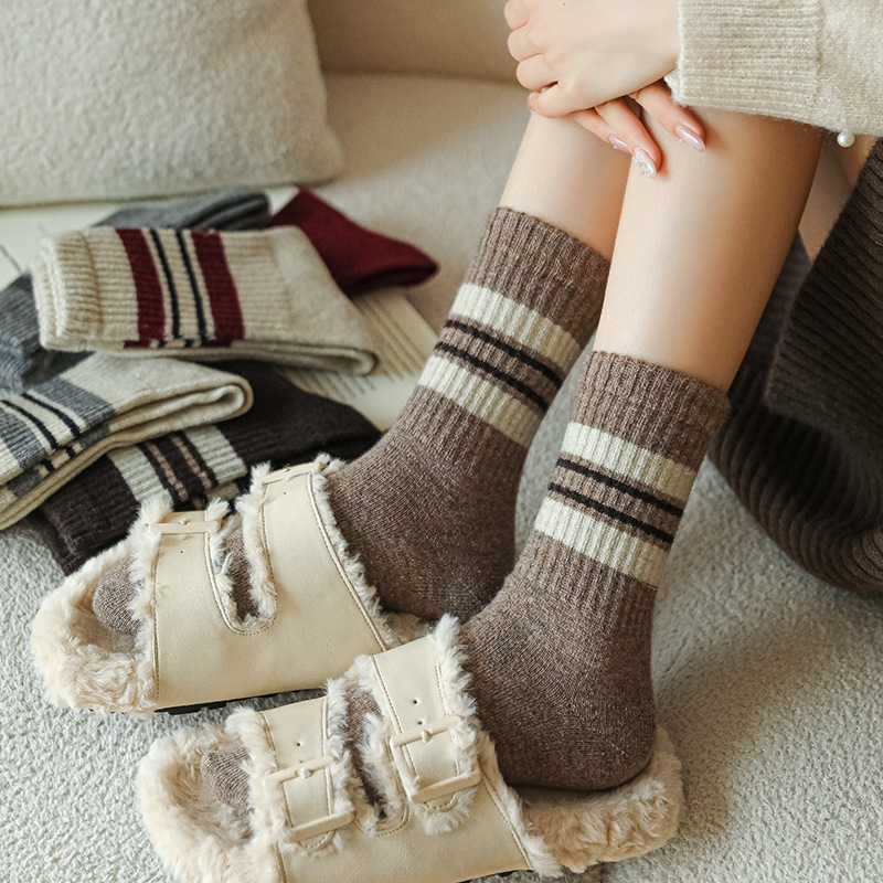 Autumn and Winter Thin Wool Socks Women's Mid-length Socks Warm Striped Base Socks Academic Style Winter Korean Style Women's Socks Autumn and Winter Thin Wool Socks Women's Mid-length Socks Warm Striped Base Socks Academic Style Winter Korean Style Women's Socks