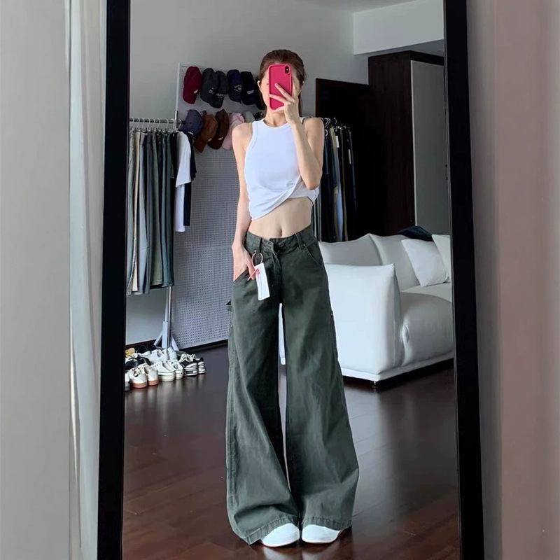 American-Style Military Green Work Pants for Women, Multi-Pocket, Vintage Casual, Wide-Leg, Loose, Straight-Leg, Slightly Flared Jeans
