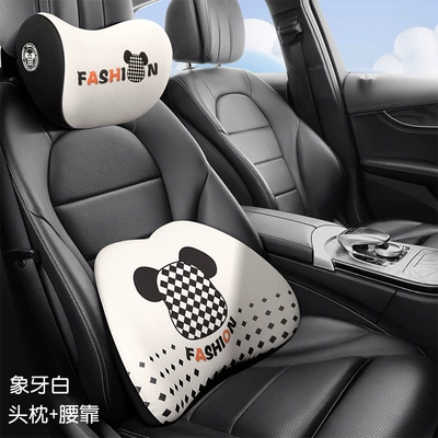 Headrest Cushion, Car Driver's Seat - diamond-bear-memory-foam-headrest-lumbar-support-ivory-white