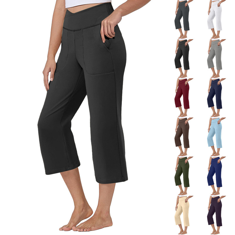2025 Cross-Border European and American New Women's Solid Color Wide-Leg Cropped Pants with Pockets, Tummy Control High-Waisted Sports Yoga Pants for Women