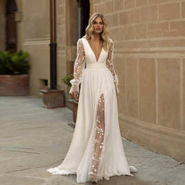 跨境深V婚纱礼服裙速卖通薄纱长袖新娘写真街拍设计感生日连衣裙