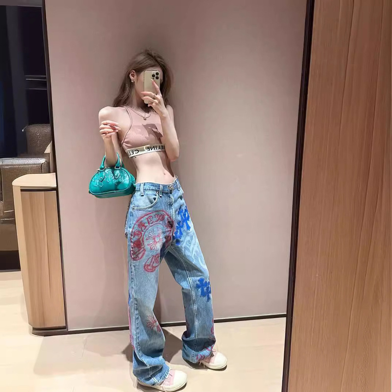 Cross Pic Printed Straight Leg Jeans Women's Design Sense Niche American Style Retro Cool Casual Wide Leg Pants