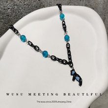 新款简约可爱猫咪项链蓝色绿色珠嘻哈朋克气质小众个性欧美锁骨链