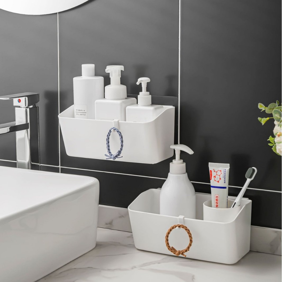 Estante de almacenamiento para baño, estante de pared sin taladro para cosméticos y artículos de aseo, estante de almacenamiento con drenaje para lavabo.