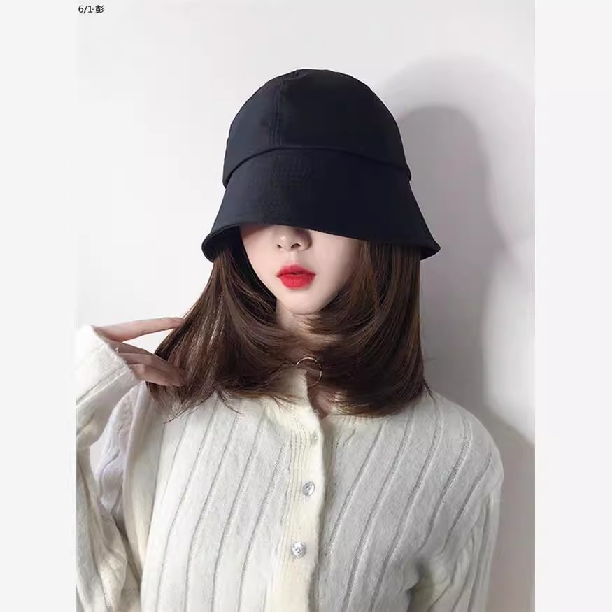 Sombrero de peluca japonés integrado primavera femenina y verano Internet celebridad cubo sombrero de pescador pelo de longitud media hebilla interior cubierta de la cabeza llena clavícula pelo liso