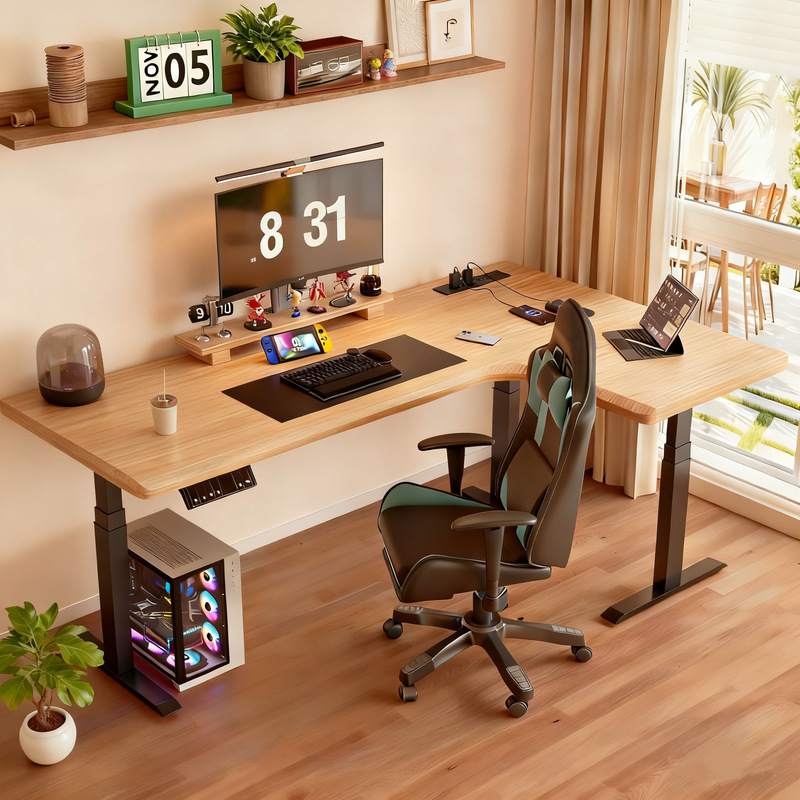 North American Ash Wood Smart Adjustable Corner Gaming Table Home L-Shaped Computer Table Corner Solid Wood Desk Workbench