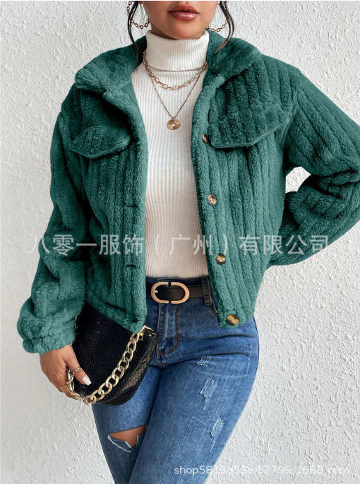 跨境速卖通秋冬毛绒夹克翻领加绒保暖时尚短装加厚女装休闲风外套|undefined