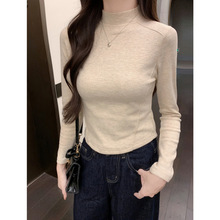 抖音一件代发实拍秋冬半高领修身内搭加厚保暖长袖T恤女士打底衫