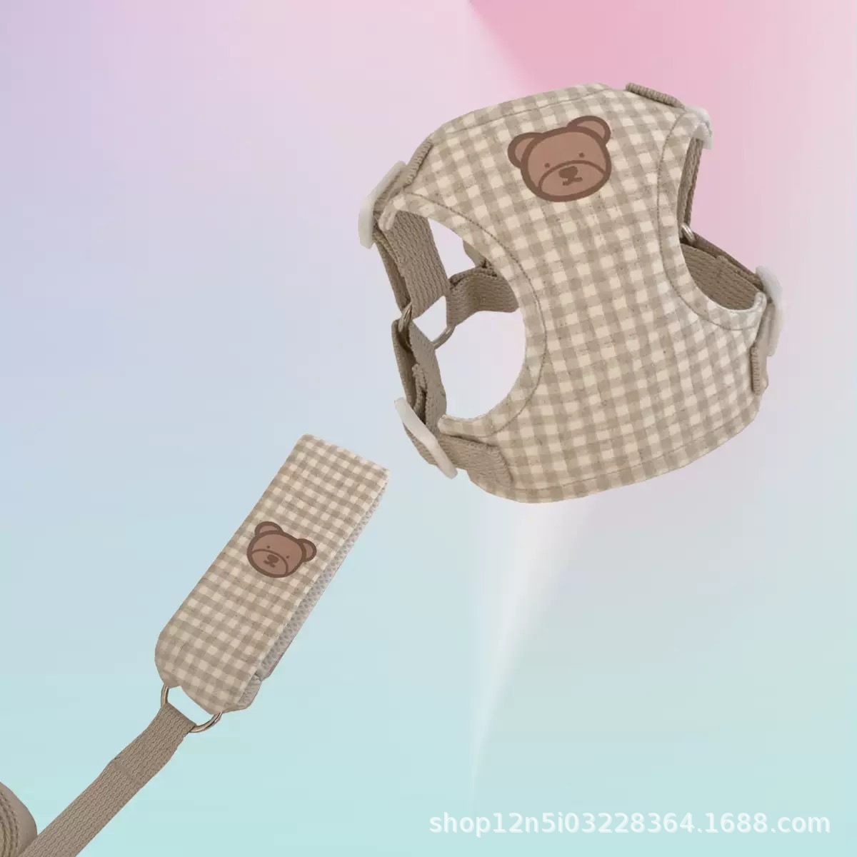 곰 격자 무늬 하네스 + 가죽 끈