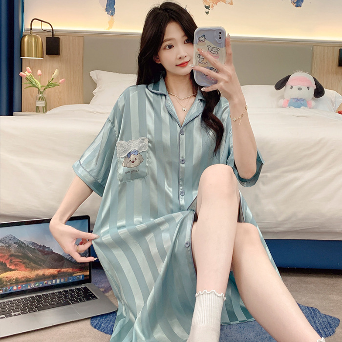 2025 nuevo jacquard hielo vestido de dormir mujer de verano de mangas cortas delgado lindos cardigan de seda vestido largo de verano