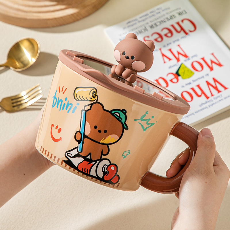 minini ヒグマ インスタント ヌードル ボウル 蓋とハンドル付き インスタント ヌードル ボウル 漫画 かわいい 学生寮 大きなスープボウル|undefined