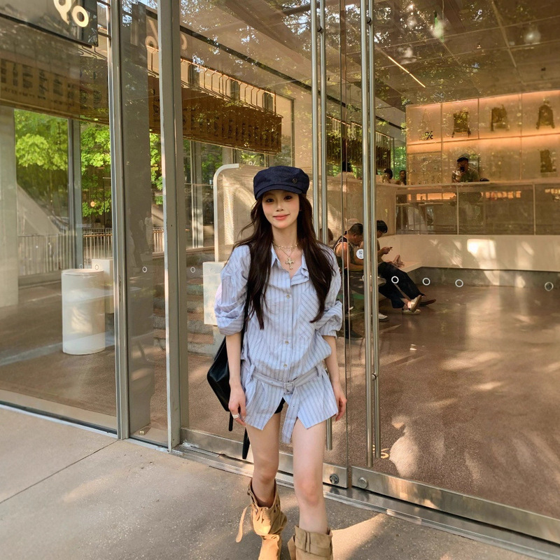 蓝色衬衫女秋季外套法式上衣高级独特别致长袖宽松条纹衬衣|undefined