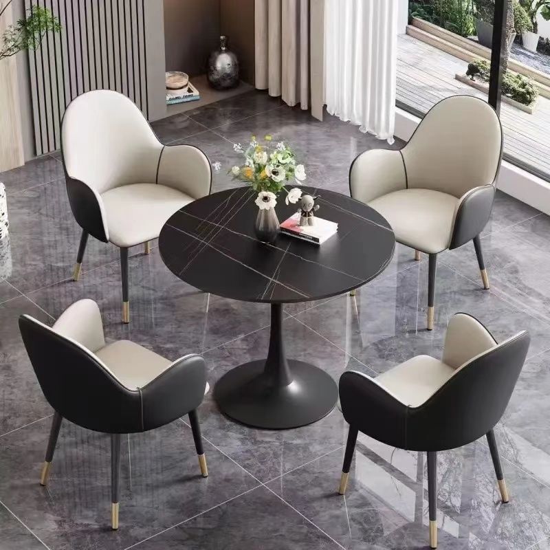 Rock Slab Negotiation Table and Chair Set, Cat Claw Leather Chair, Simple Reception Table, Small Modern Round Table, Balcony Leisure Light Luxury Dining Table Rock Slab Negotiation Table and Chair Set, Cat Claw Leather Chair, Simple Reception Table, Small Modern Round Table, Balcony Leisure Light Luxury Dining Table