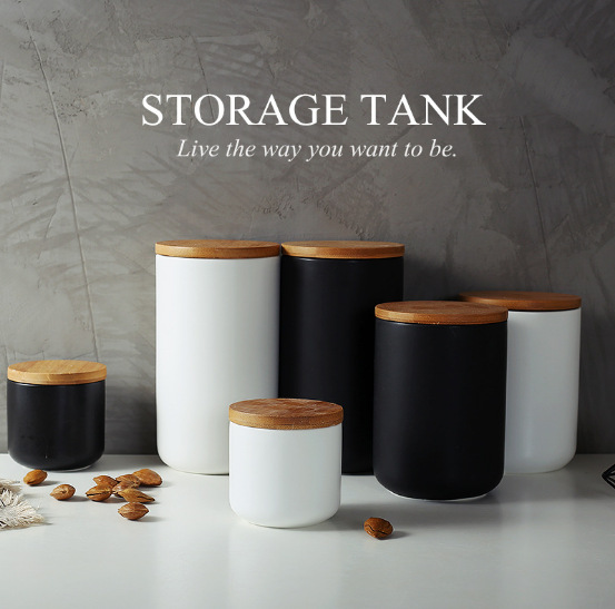 陶瓷密封罐 黑色白色 家用酒店會所餐具收納罐子 木蓋瓶子