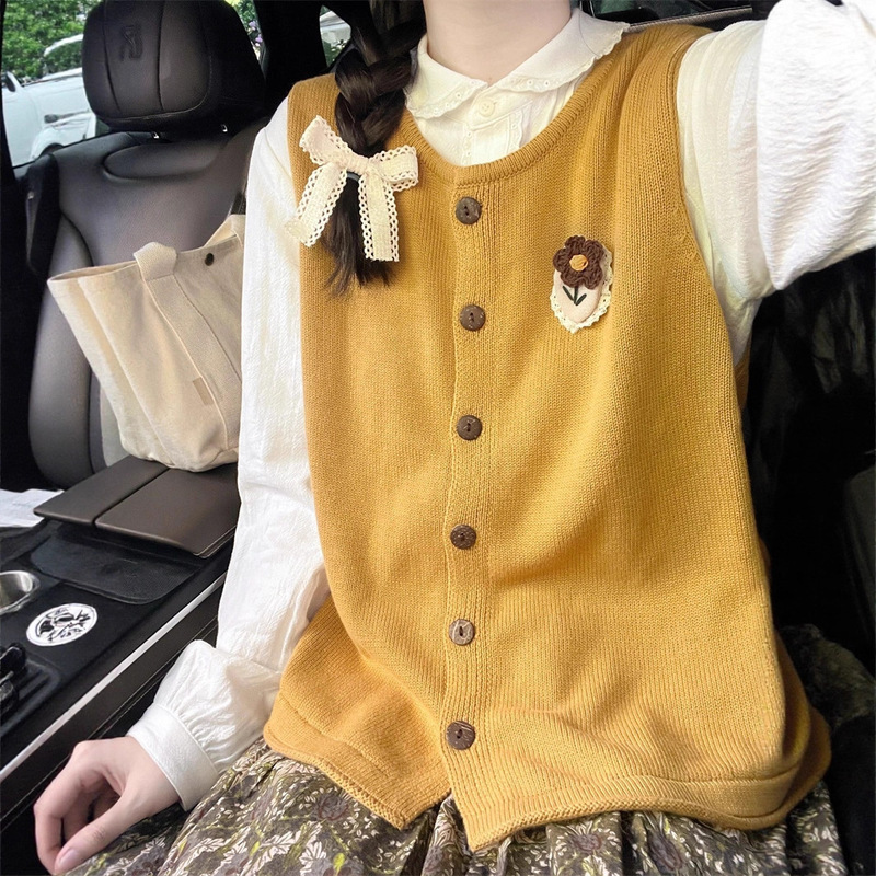 Yellow Knitted Vest Cardigan Sweater Vest for Women, Spring and Autumn Japanese Retro Outerwear, Mori Style Layered Top for Petite Figures