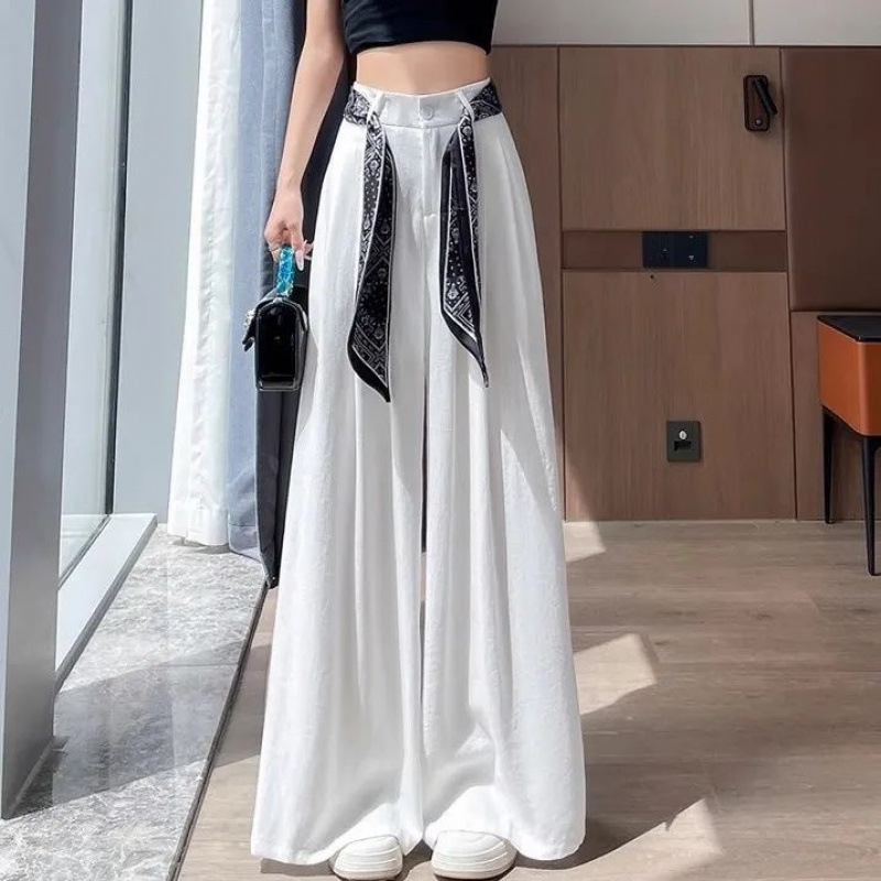 系带冰丝棉麻裤子女夏季薄款2025新款拖地直筒宽松休闲西装阔腿裤