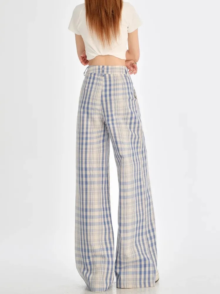 Pantalones casuales de piernas anchas a cuadros azules claros de mujeres otoño y invierno nuevos diseños de hebilla de cintura alta y pantalones de trapazón rectos sueltos y delgados image 5