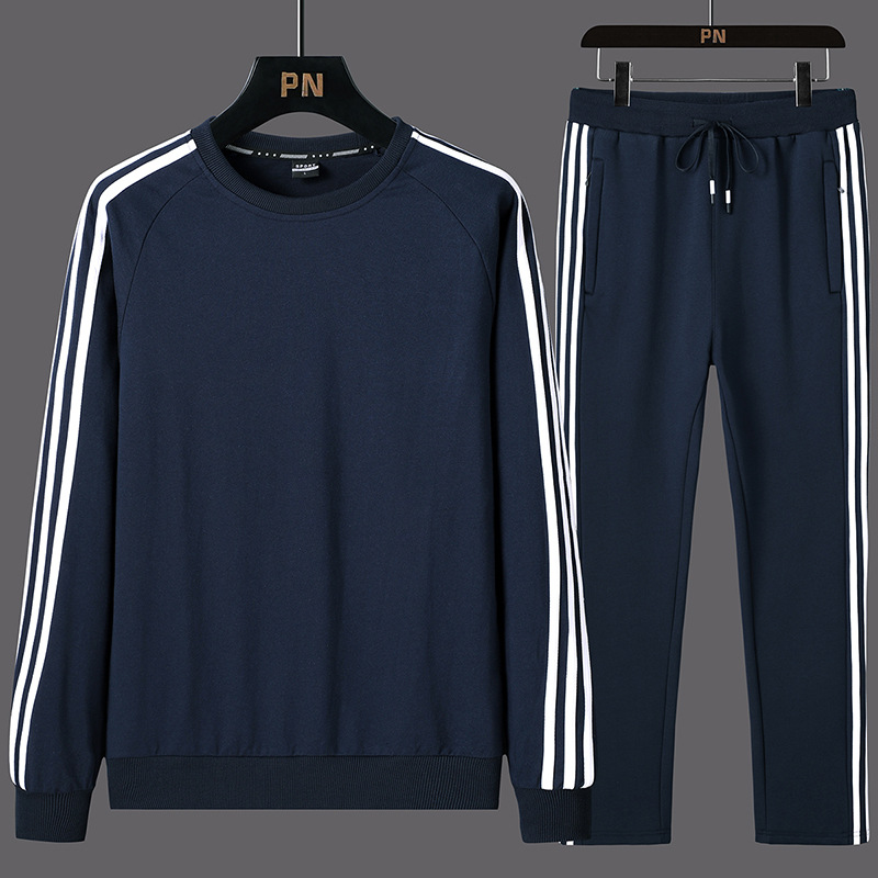 L - 8XL transfronterizo grande traje casual de primavera y otoño de algodón, camiseta de cuello redondo de marea para hombres, pantalones de abrazadera sueltos y versátiles image 1