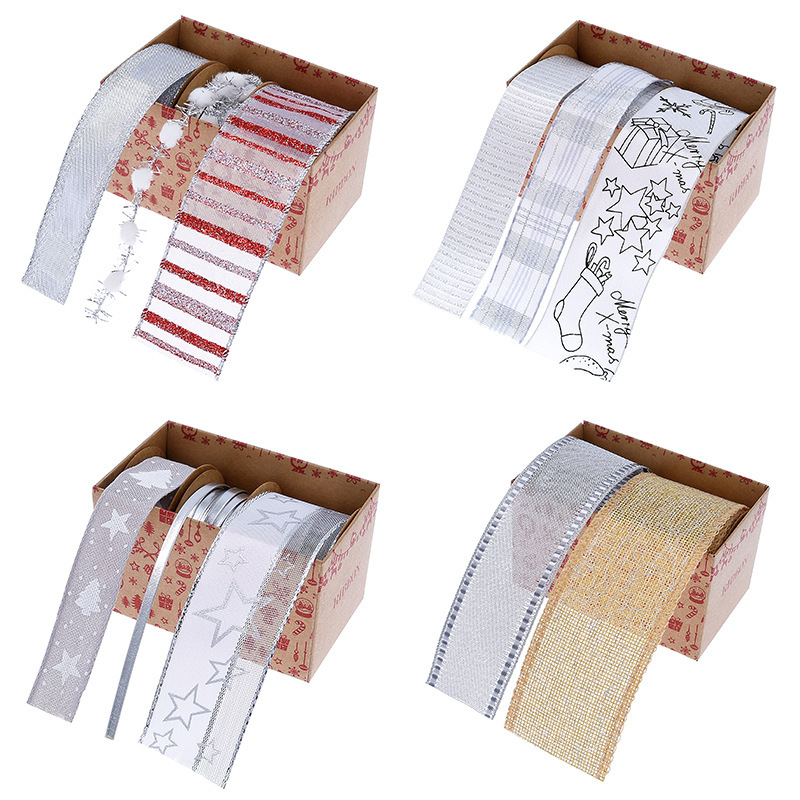 Nuevo transfronterizo Amazon Navidad cinta caja de paquetes de regalos árbol de Navidad decoración oro y plata cinta set