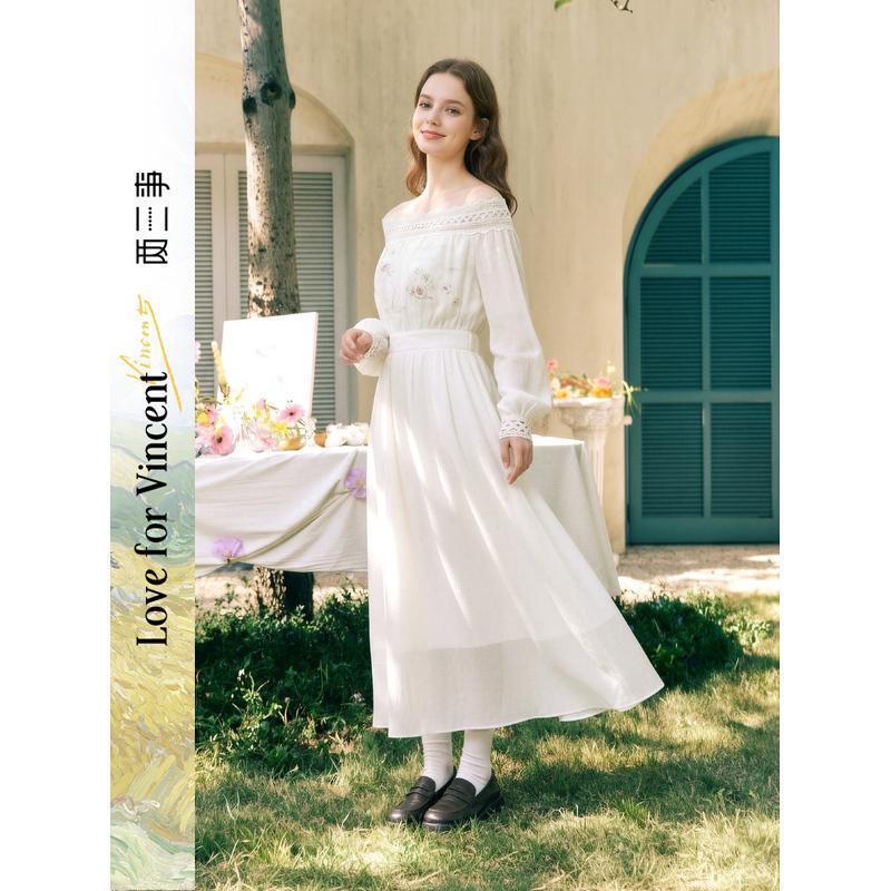 Van Gogh Artistic Cold Brew Jasmine 2026 Spring New Lace Patchwork Off-Shoulder Sequin Embroidery Dress