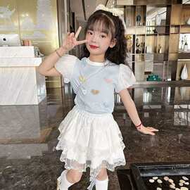 女童蕾丝半身裙套装夏季2026新款Z中大童夏装女孩泡泡袖T恤两件套