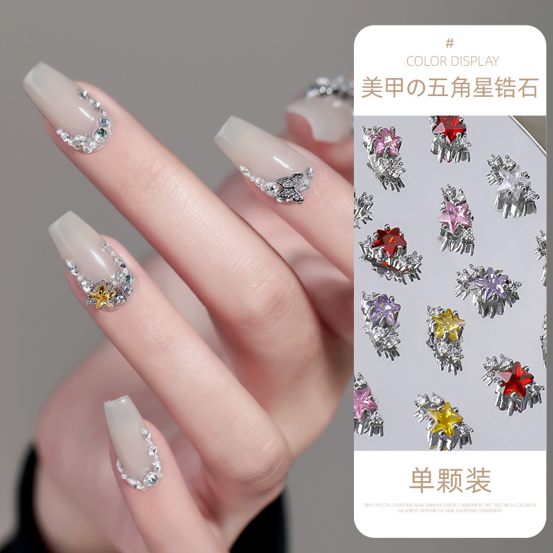 Alta Retención de color popular chica caliente estrella de cinco puntas color uñas circón joyería luz lujo flash tridimensional decoración de uñas al por mayor