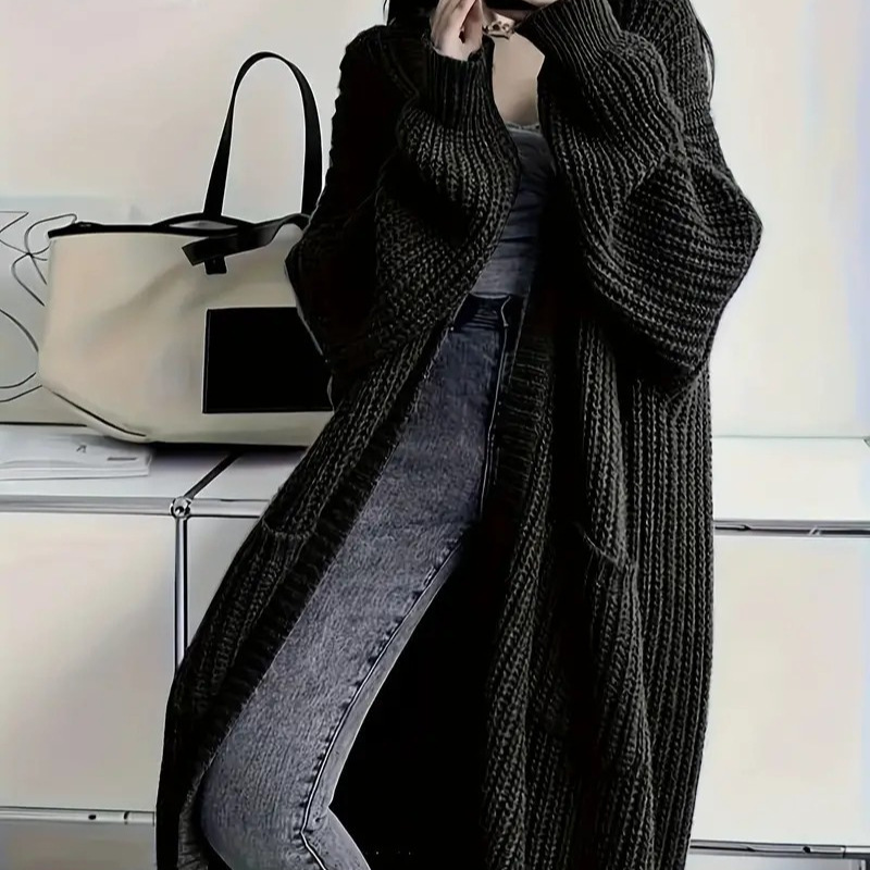 Cross-Border Spot New Autumn and Winter Lazy Style Long Sweater Jacket for Women Loose and Versatile Bottoming Long-Sleeved Knitted Cardigan