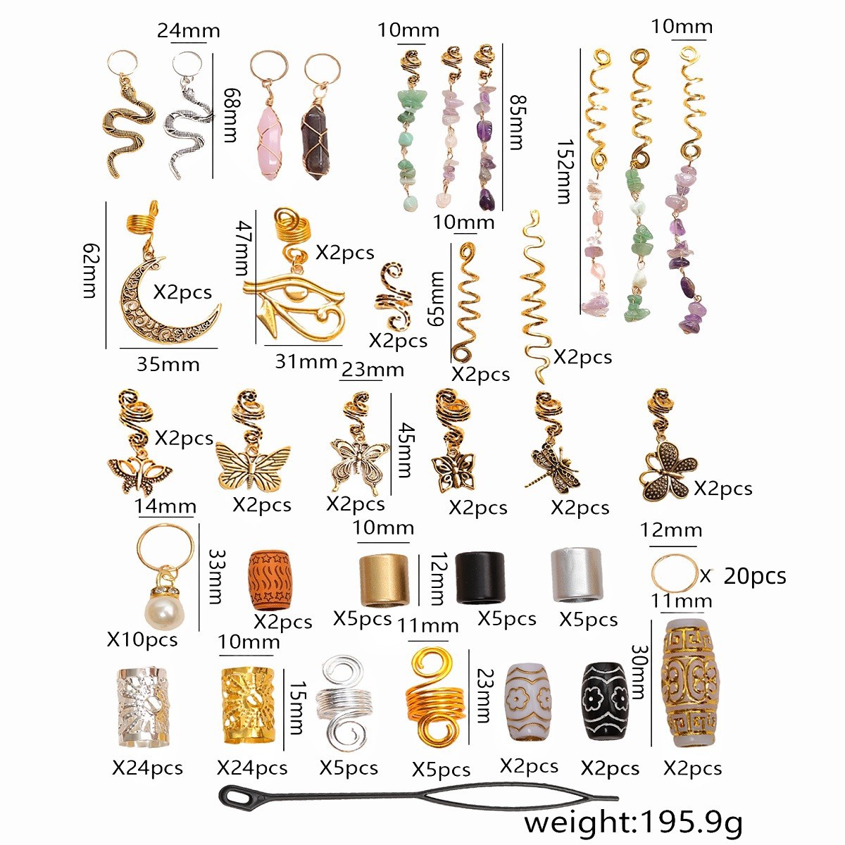 Colgante de piedra natural 146-pieza peluca accesorios sucio trenza anillo de pelo decorativo anillo de pelo aleación espiral clip hoja colgante