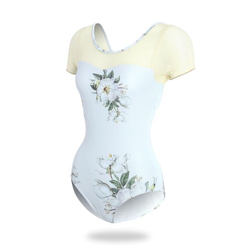 Baler New Dance Suit Women Tight Mesh Splicing Print Short Sleeve Ballet Bodysuit Adult