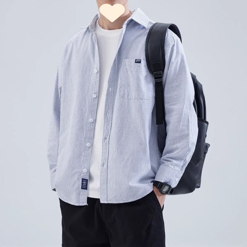 Striped Shirt Men's High-End Inch Shirt Spring and Autum Japanese Style Cityboy Casual Versatile Blue Shirt Jacket