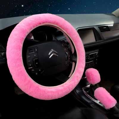 three-piece set cute warm, Steering wheel cover - pink-three-piece-set-38cm