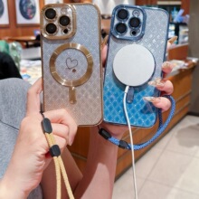 碳纤维纹理爱心闪粉手绳手机壳适用三星S25镜头膜S24FE少女风S21