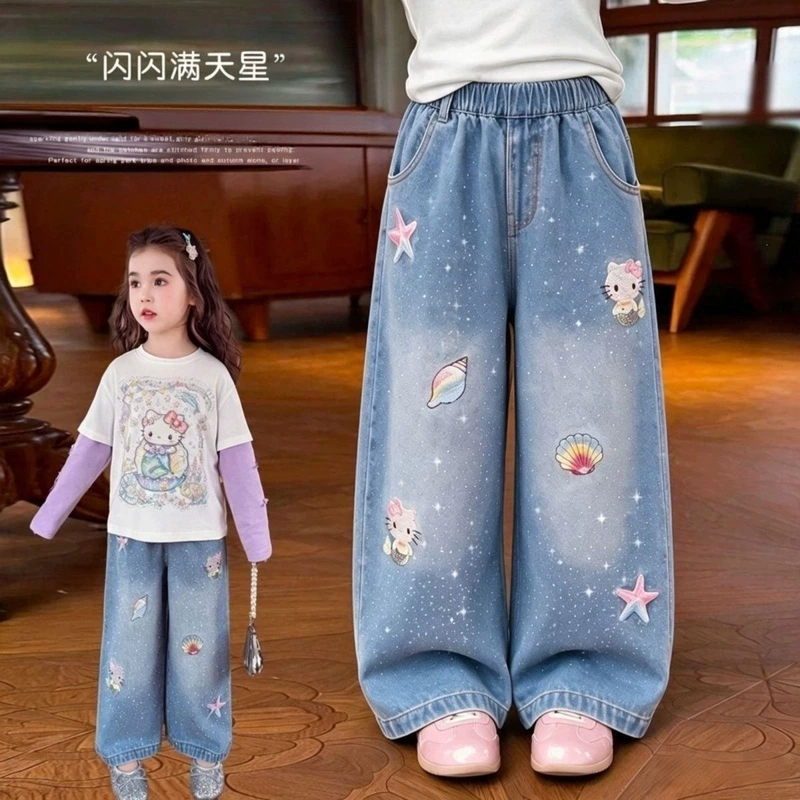 Осенние морские модные джинсы инкрустировано бриллиантами свободный крой