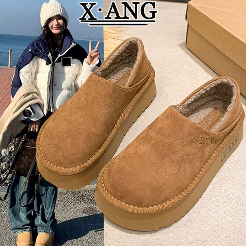 Женские туфли на толстой подошве в стиле Birkenstock, двусторонние, новинка осени-зимы 2025, теплые лоферы на флисовой подкладке, сапоги-слипоны для снега.