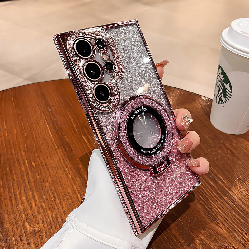 サムスン S25 保護ケース S22 サイドドリル携帯電話ケース s24 透明ラインストーン磁気ホルダー A56 落下防止グリッターに適しています|undefined